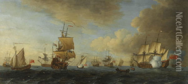 An English Frigate Under Sail Firing A Gun, With Shipping At Anchor And Under Sail Oil Painting - John the Younger Cleveley
