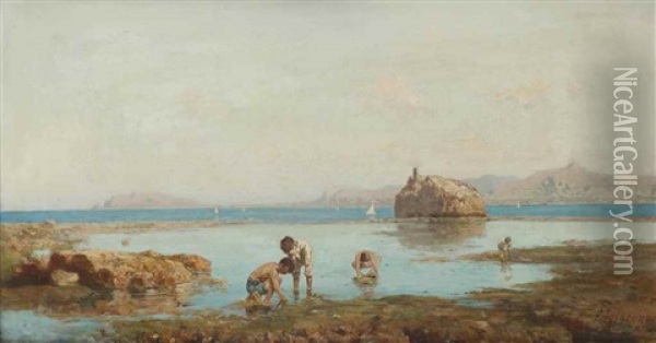 Children Fishing In The Bay Of Palermo, Sicily Oil Painting - Francesco (Luigi) Lojacono