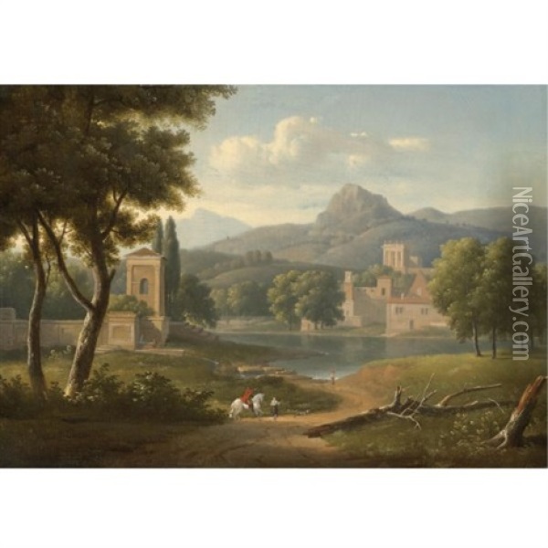 A Classical River Landscape With Travellers On A Path In The Foreground Oil Painting - Alexandre Hyacinthe Dunouy