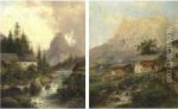 Cottages In The Alps: A Pair Oil Painting - Emil Barbarini