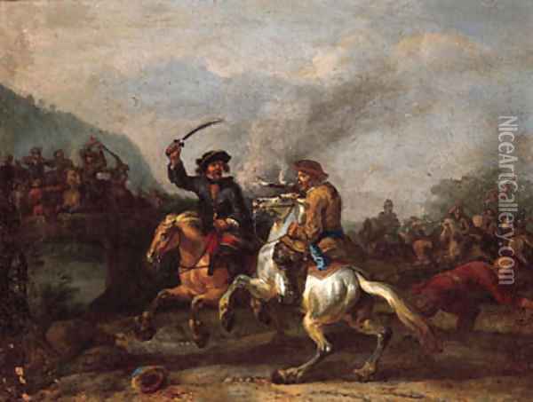 A cavalry skirmish by a bridge Oil Painting - Peeter Verdussen