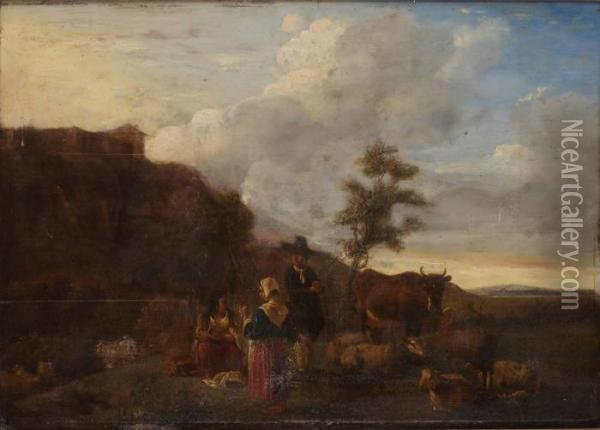 Pastoralt Landskap Med Boskap Och Herdepar Oil Painting - Nicolaes Berchem