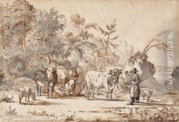 Viehhirte Mit Seiner Herde Oil Painting - Pieter Frederick Van Os