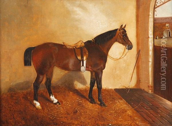 Saddled Bay Hunter In A Stable; And Companion Oil Painting - John Partridge