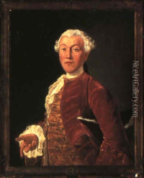 Portrait Of A Gentleman, Half-length, In A Red Coat Oil Painting - Alexander Roslin