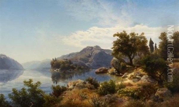 Oberitalienische Landschaft Am See Oil Painting - Albert Flamm