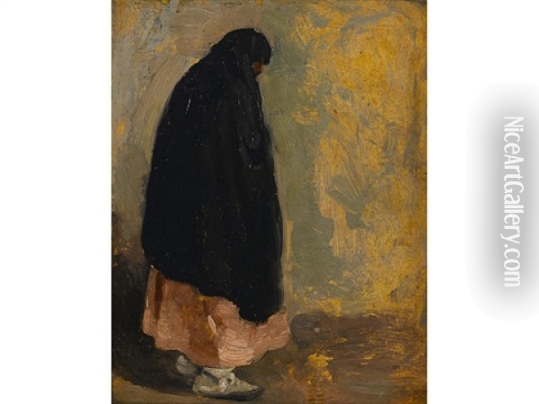 Standing Indian Woman With Black Shawl Oil Painting - Victor William Higgins