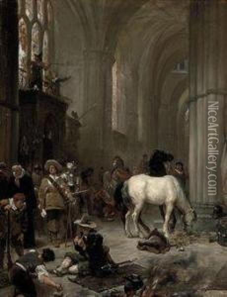 Cromwell's Troops Desecrating Wells Cathedral Oil Painting - Robert Alexander Hillingford