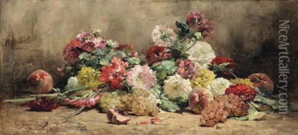 Flowers And Fruit Oil Painting - Georges Jeannin