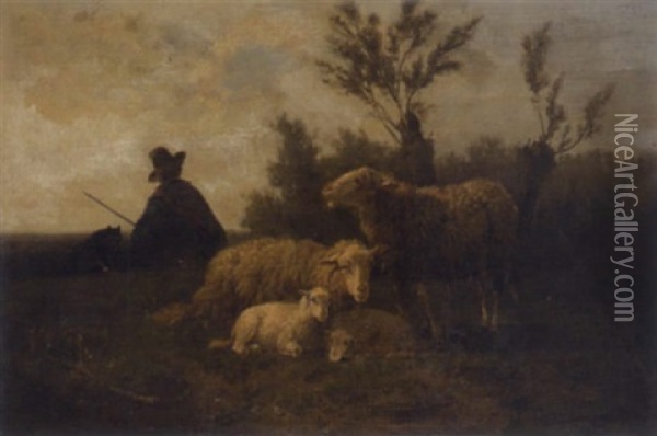 Rastender Schafer Mit Seiner Herde Oil Painting - Cornelis van Leemputten