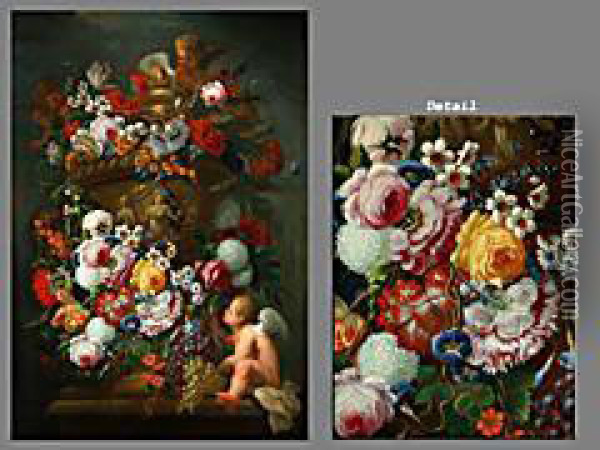 Blumengirlanden Um Parkvase Oil Painting - Caspar Pieter I Verbrugghen