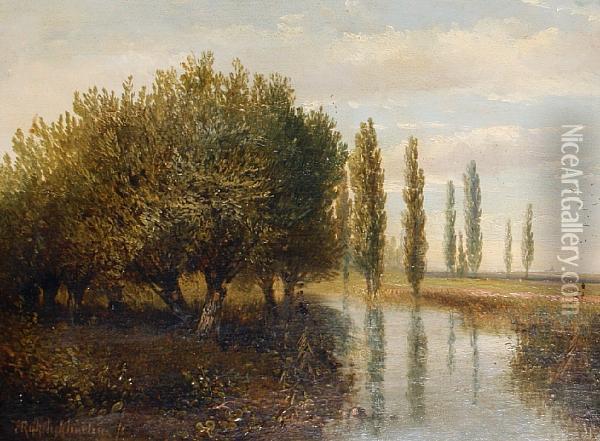 A River Landscape Oil Painting - Hermanus Jan Hendrik Rijkelijkhuijsen