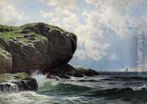 Rocky Head with Sailboats in Distance Oil Painting - Alfred Thompson Bricher