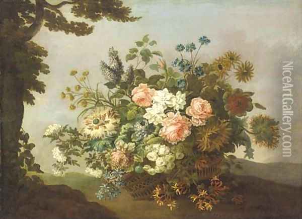 Roses, carnations, sunflowers, honeysuckle and other flowers in a basket by a tree in a hilly landscape Oil Painting - Jean-Baptiste Monnoyer