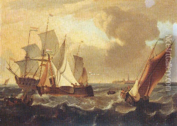 Shipping Vessels On Choppy Seas, The Town Of Enkhuizen Beyond Oil Painting - Ludolf Backhuysen the Elder