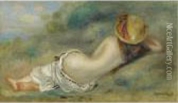 Baigneuse Allongee De Dos Avec Un Chapeau De Paille Oil Painting - Pierre Auguste Renoir