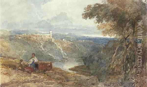 Travellers in an extensive landscape before a fortress Oil Painting - William James Muller