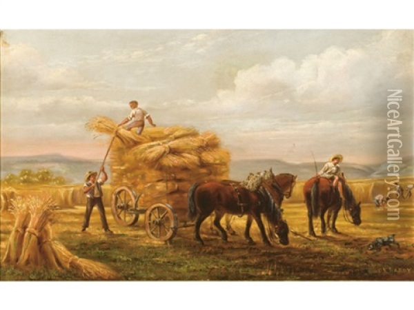 Figures On Hay Carts Oil Painting - Charles Hardy