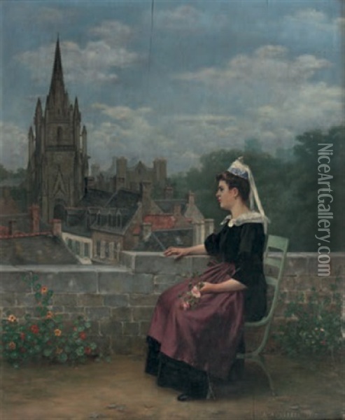 Bretonne Sur Une Terrasse Oil Painting - Adolphe Alexandre Lesrel