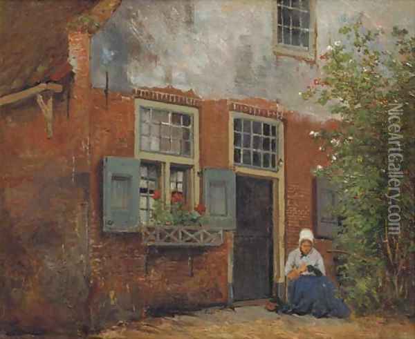Sewing on the doorstep Oil Painting - Johannes Hermanus Koekkoek