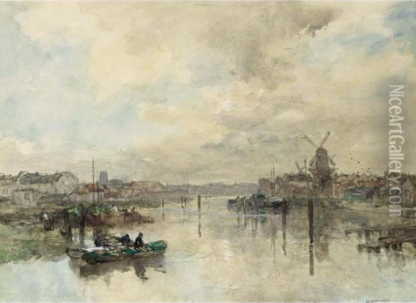 A Canal Scene Oil Painting - Johann Hendrik Van Mastenbroek