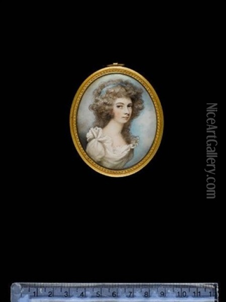 A Lady, Called Mrs. Jenny Pigott, Wearing White Dress With Frilled Collar, Her Powdered Hair Worn Long And Dressed With A Blue Ribbon Oil Painting - Andrew Plimer