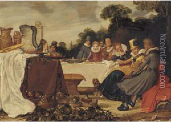 Elegant Figures At An Outdoor Banquet Oil Painting - Esaias Van De Velde