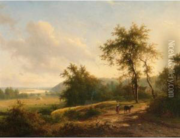A Peasantwoman Leading A Cow On A Country Road Oil Painting - Jan Frederik Van Deventer