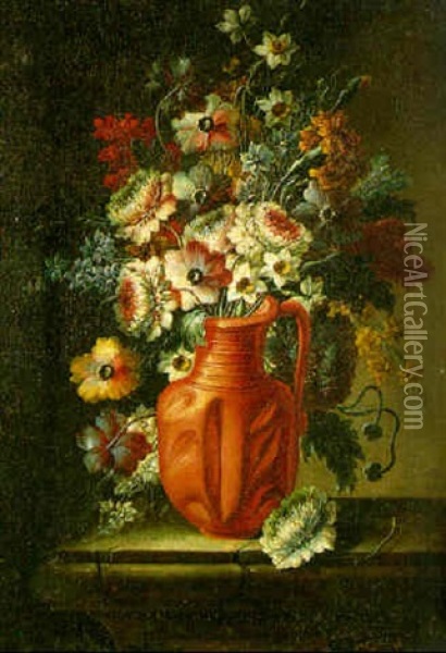A Still Life Of Narcissi, Poppies And Others Flowers In An Earthenware Vase On A Stone Ledge Oil Painting - Francesco Della Questa
