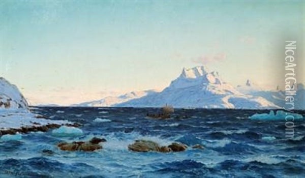 A Greenlandic Fiord In The Early Sunset Oil Painting - Carl (Jens Erik C.) Rasmussen