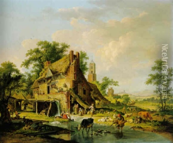 A Watermill With Farmyard Animals And Peasants, A Landscape Beyond Oil Painting - Hendrick de Meyer the Younger