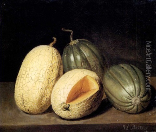 Melons On A Ledge. Oil Painting - Jacob Samuel Beck