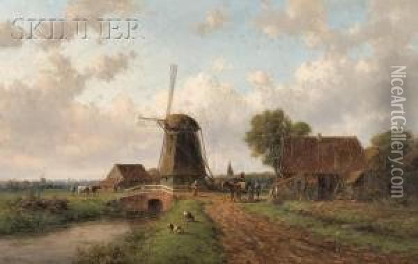 View Of Figures By A Bridge And Windmill Oil Painting - Willem Vester