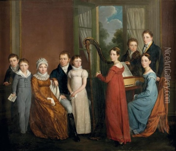 Reunion De La Famille Debie, Autour D'un Clavecin Et D'une Harpe Oil Painting - Charles-Pierre Verhulst
