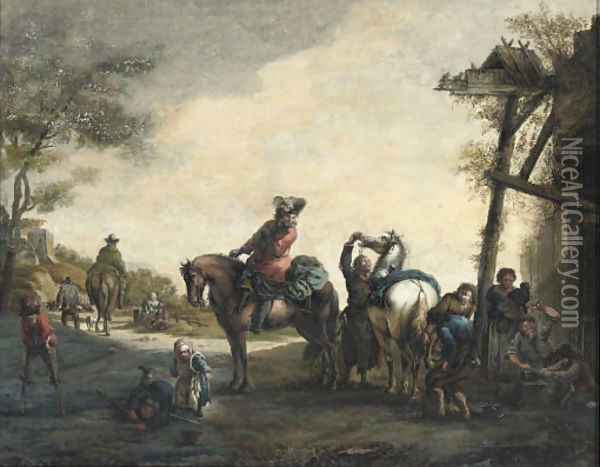 Horsemen outside a blacksmith's with chlidren playing nearby Oil Painting - Philips Wouwerman