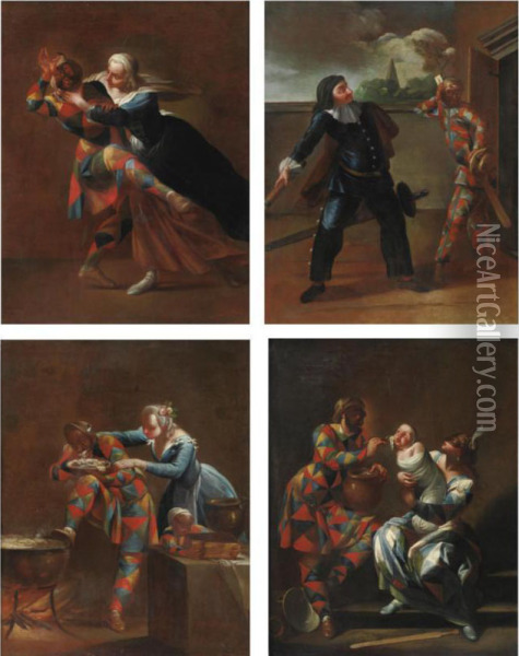 Arlecchino Aggredito Dall'amante Oil Painting - Giovanni Domenico Ferretti