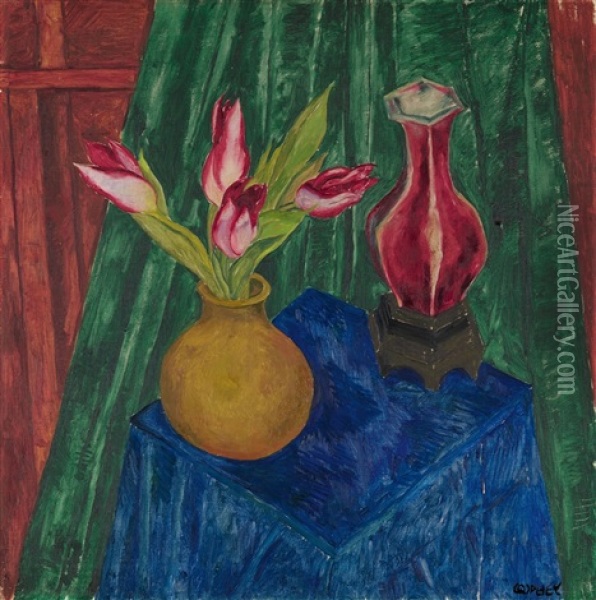 Tulpen-stillleben Mit Gelber Und Roter Vase Oil Painting - Walter Ophey