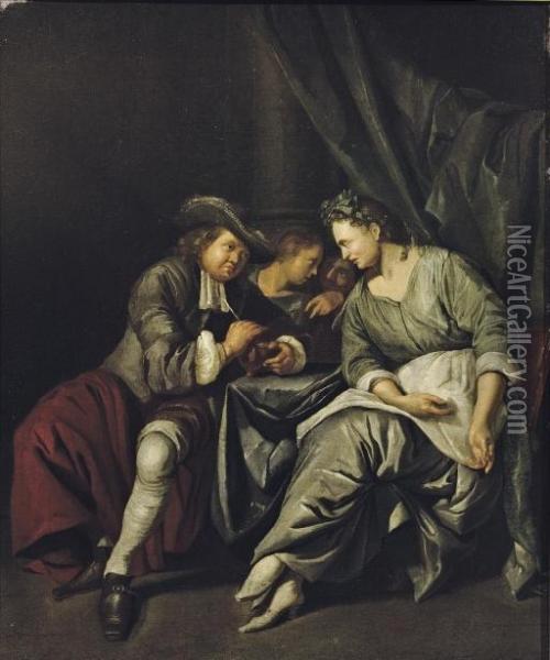 A Couple Conversing In An Interior Oil Painting - Jacob Van Toorenvliet