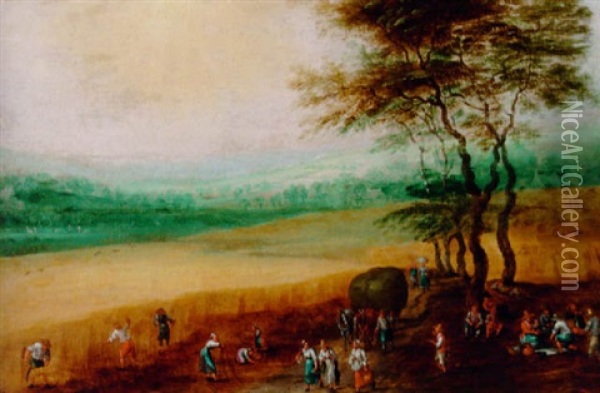 A Summer Landscape With Peasants Harvesting Oil Painting - Joos de Momper the Younger