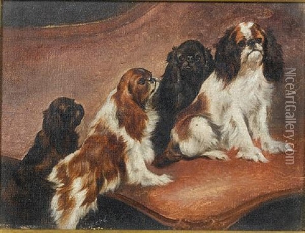 King Charles Spaniels In An Interior (+ Another, Oil On Panel; Pair) Oil Painting - James Henry Beard