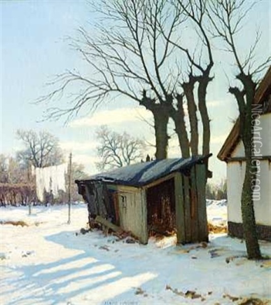 Solrig Vinterdag. De Nogne Traeer Kaster Lange Skygger Oil Painting - Jakob Hansen