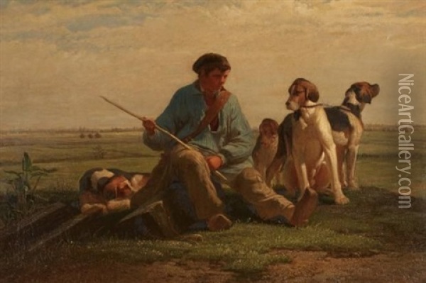 Hunter And His Dogs Taking A Rest Oil Painting - Henri De Pratere