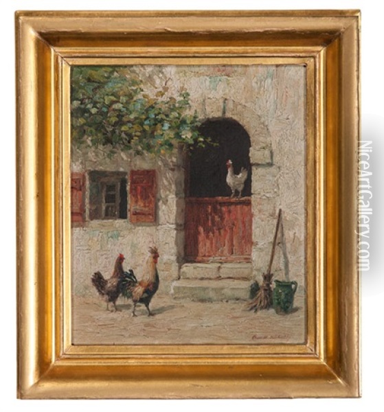 Barnyard Scene With Roosters Oil Painting - Burr H. Nicholls