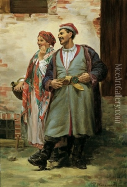 Polnisches Paar In Der Tracht Von Krakau Oil Painting - Walery (Valery) Plauszewski
