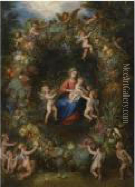 The Virgin And Child With Angels In A Garland Of Flowers Oil Painting - Jan Brueghel the Younger