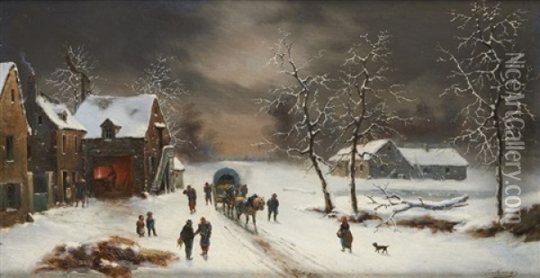 Cavalier Sous La Neige, Chariot Dans Un Village D'hiver (pair) Oil Painting - Louis-Claude Malbranche