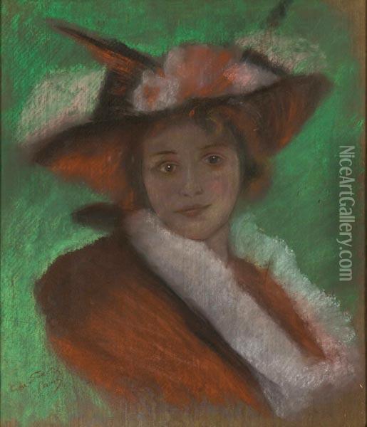 Ritratto Di Donna Con Cappello Oil Painting - Giuseppe De Sanctis