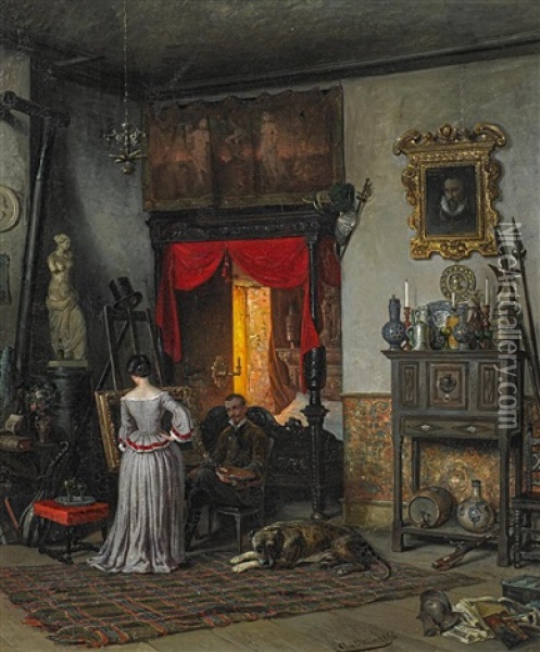 Das Malerehepaar Im Atelier (clara Und August Von Wille?) Oil Painting - August Von Wille