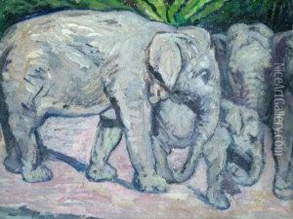 Family Of Elephants Oil Painting - Joseph Ii Crawhall