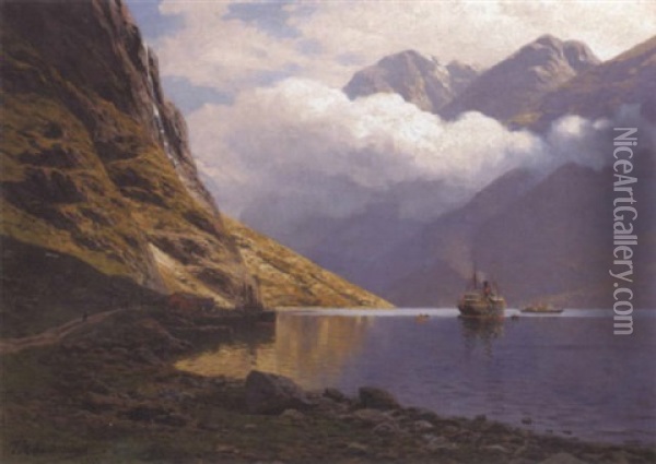 Am Naerofjord Bei Gudvangen. Norsk Fjordlandskab Med Damper Oil Painting - Karl Paul Themistocles von Eckenbrecher
